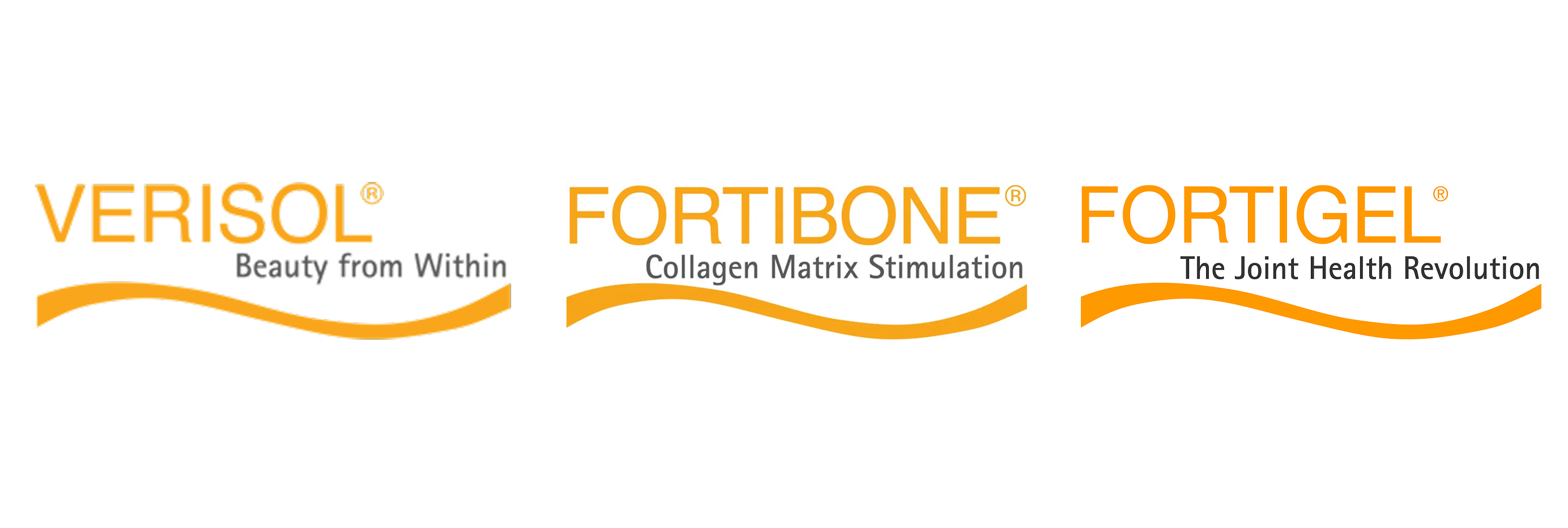 Three product names and their descriptions on a white background: Verisol, Fortibone, and Fortigel.