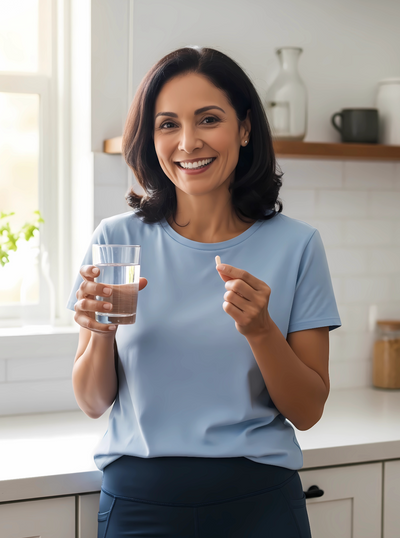 Woman in a bright kitchen smiling and holding a glass of water and a Monna Health supplement capsule as part of her daily wellness routine