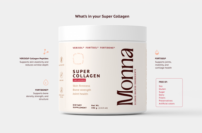 Monna Super Collagen ingredient breakdown — supports skin firmness, bone strength, and joint health