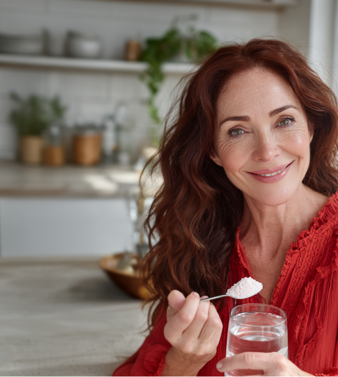 Woman in a kitchen holding a spoonful of Monna Health Super Collagen and a glass of water.