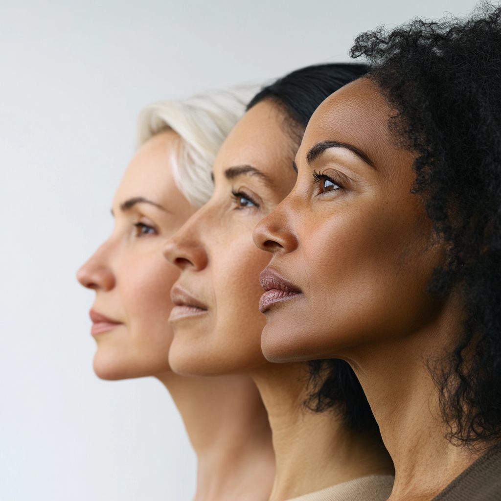 Side profile of three diverse women with healthy glowing skin — Monna Super Collagen is science-backed support for every woman navigating midlife