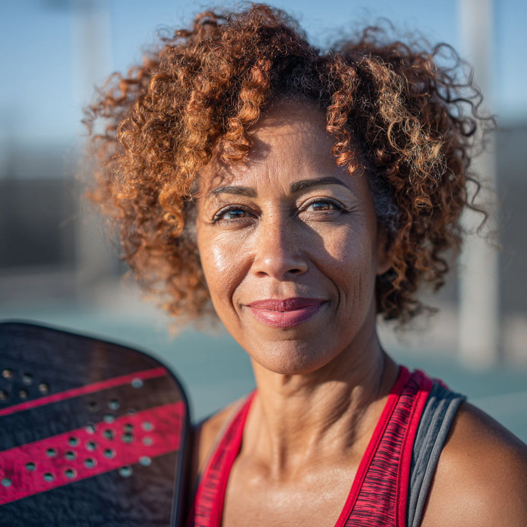 Active woman with curly hair smiling on a pickleball court, representing the strength and vitality Monna Super Collagen is designed to support