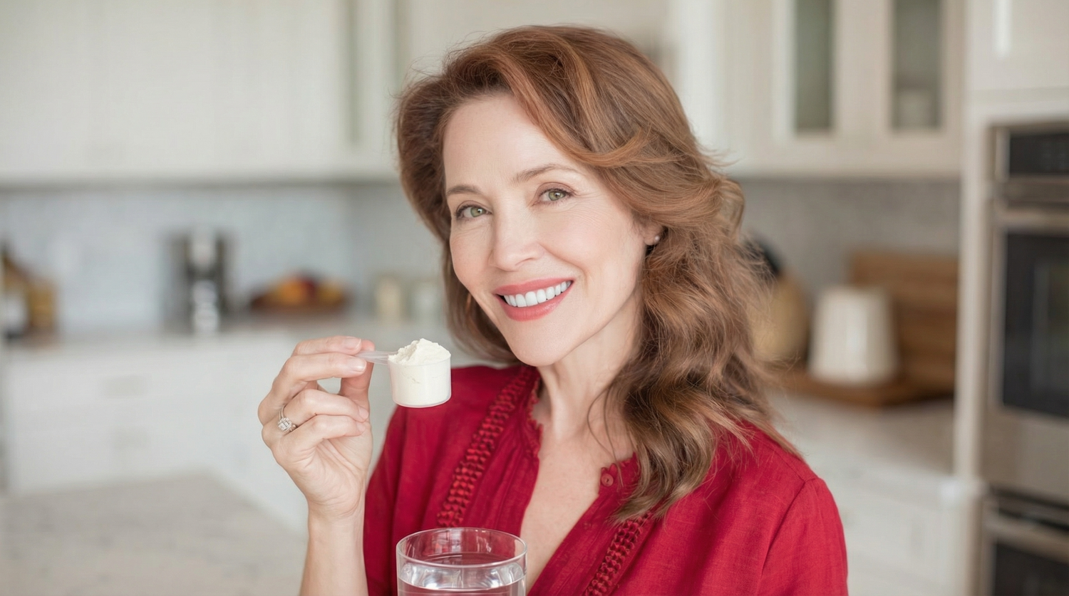 Woman holding a scoop of Monna Super Collagen powder in a bright kitchen with a glass of water