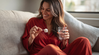 Woman enjoying her morning self-care ritual with a scoop of Monna Super Collagen — slow, intentional, and just for her