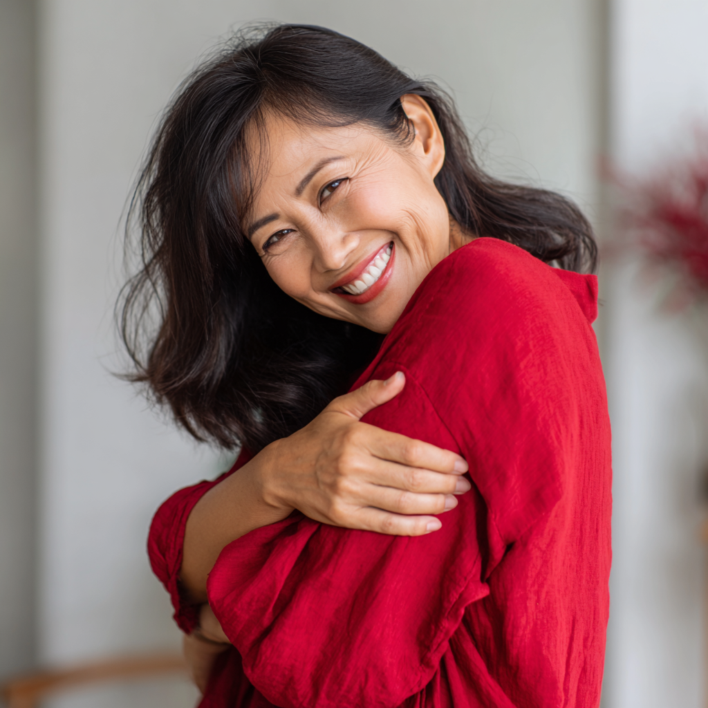 Confident woman embracing herself with a big smile, embodying the skin, bone, and joint vitality supported by Monna Super Collagen