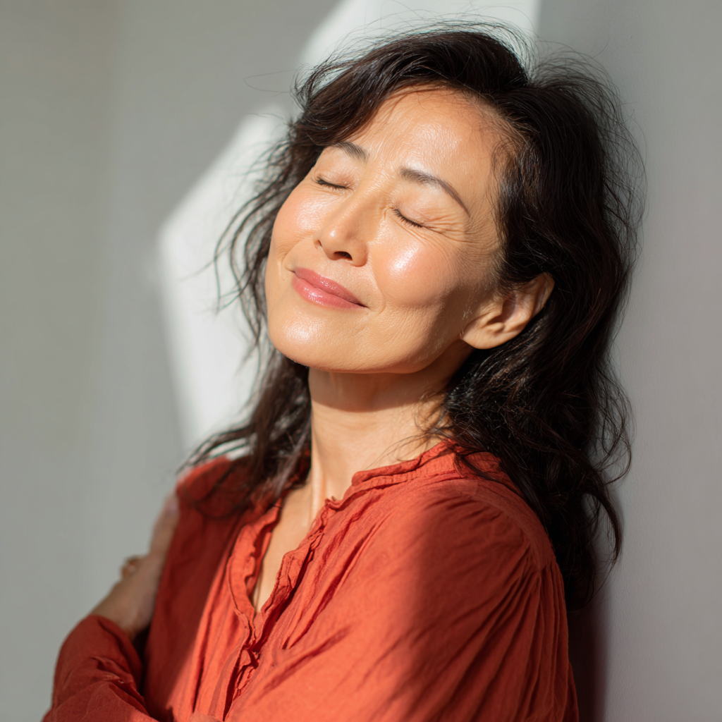 Woman with glowing skin smiling with eyes closed in warm natural sunlight, representing the skin firmness benefits of Monna Super Collagen