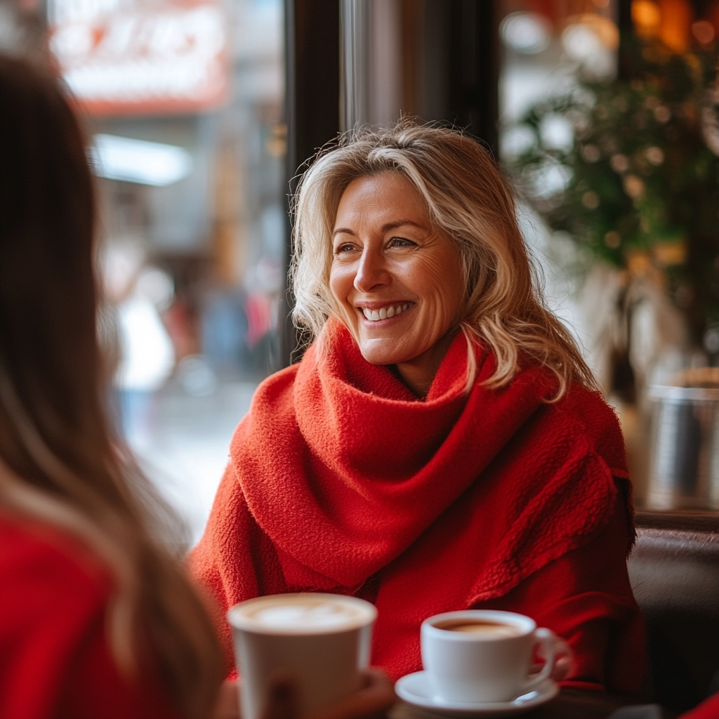 Woman laughing with a friend over coffee — Monna Super Collagen is unflavored and mixes seamlessly into your morning latte, no taste, no clumping